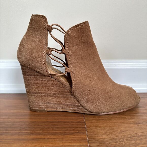 Lucky Brand Reevas Suede Peep Toe Wedge Ankle Booties Shoes Brown Size 7.5 - Picture 2 of 11
